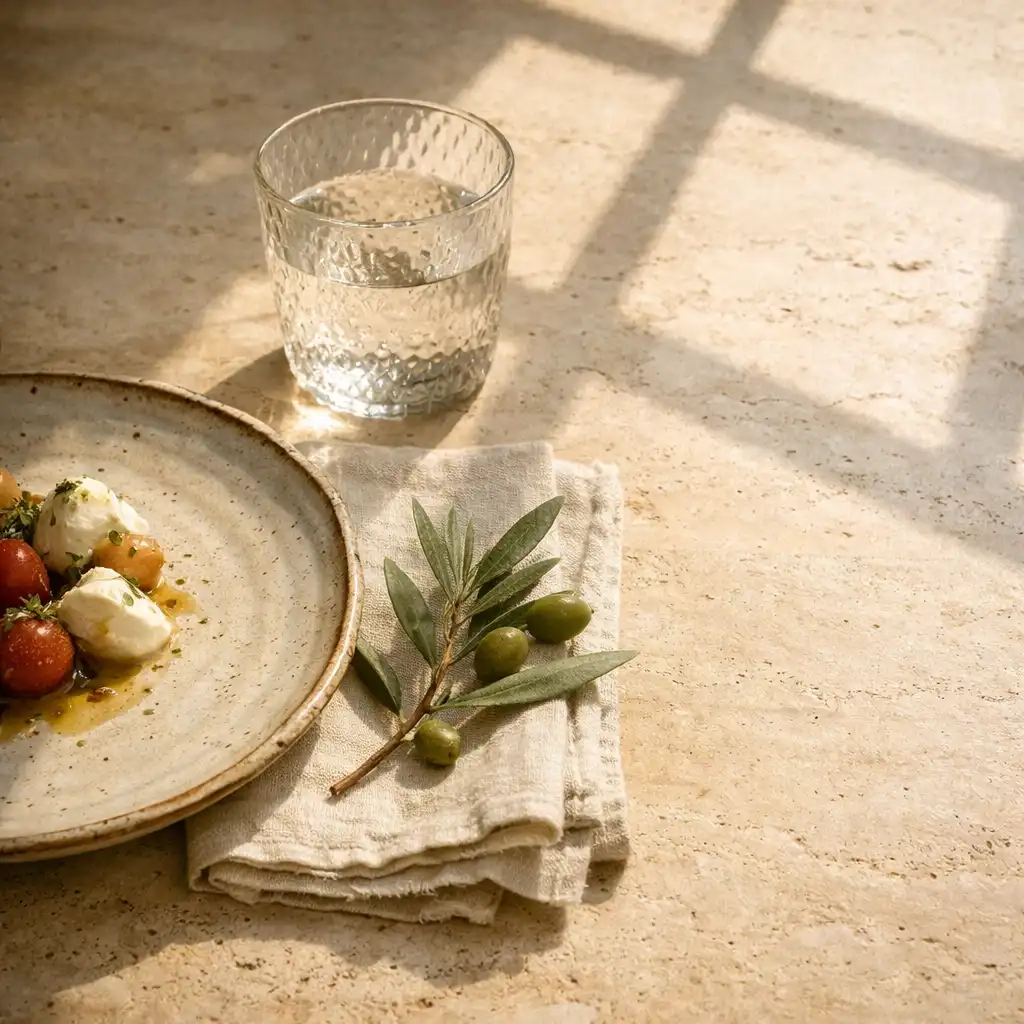 Assiette en céramique, serviette en lin et verre d’eau sur une table claire baignée de soleil