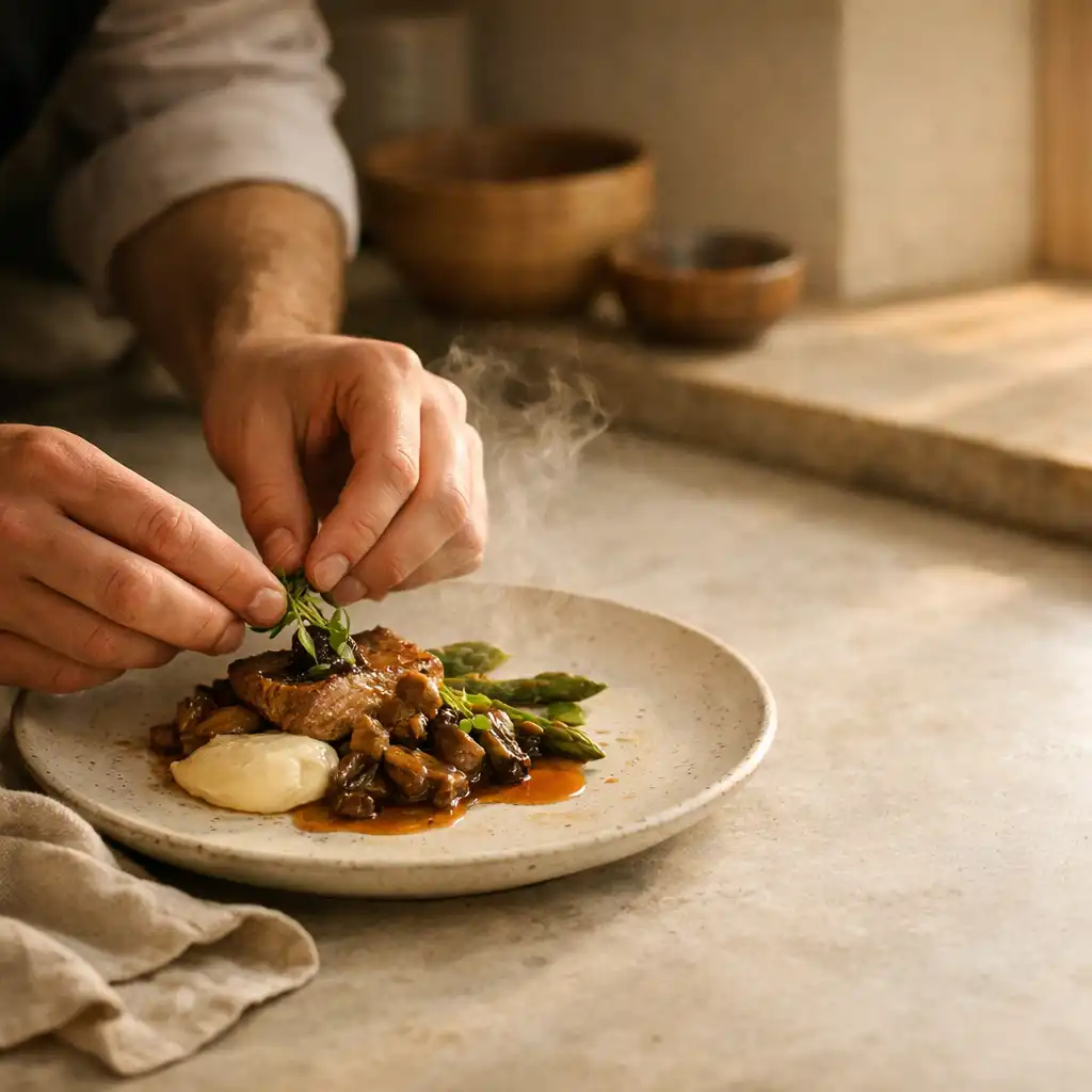 Mains dressant une assiette en céramique dans une cuisine baignée de lumière latérale
