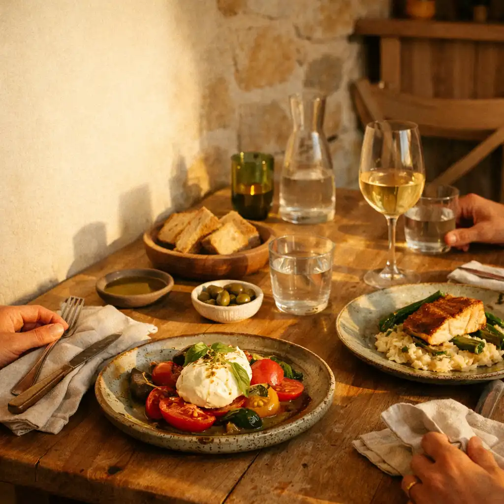 Table de restaurant lumineuse avec céramiques, verres, linge en lin et mains de convives
