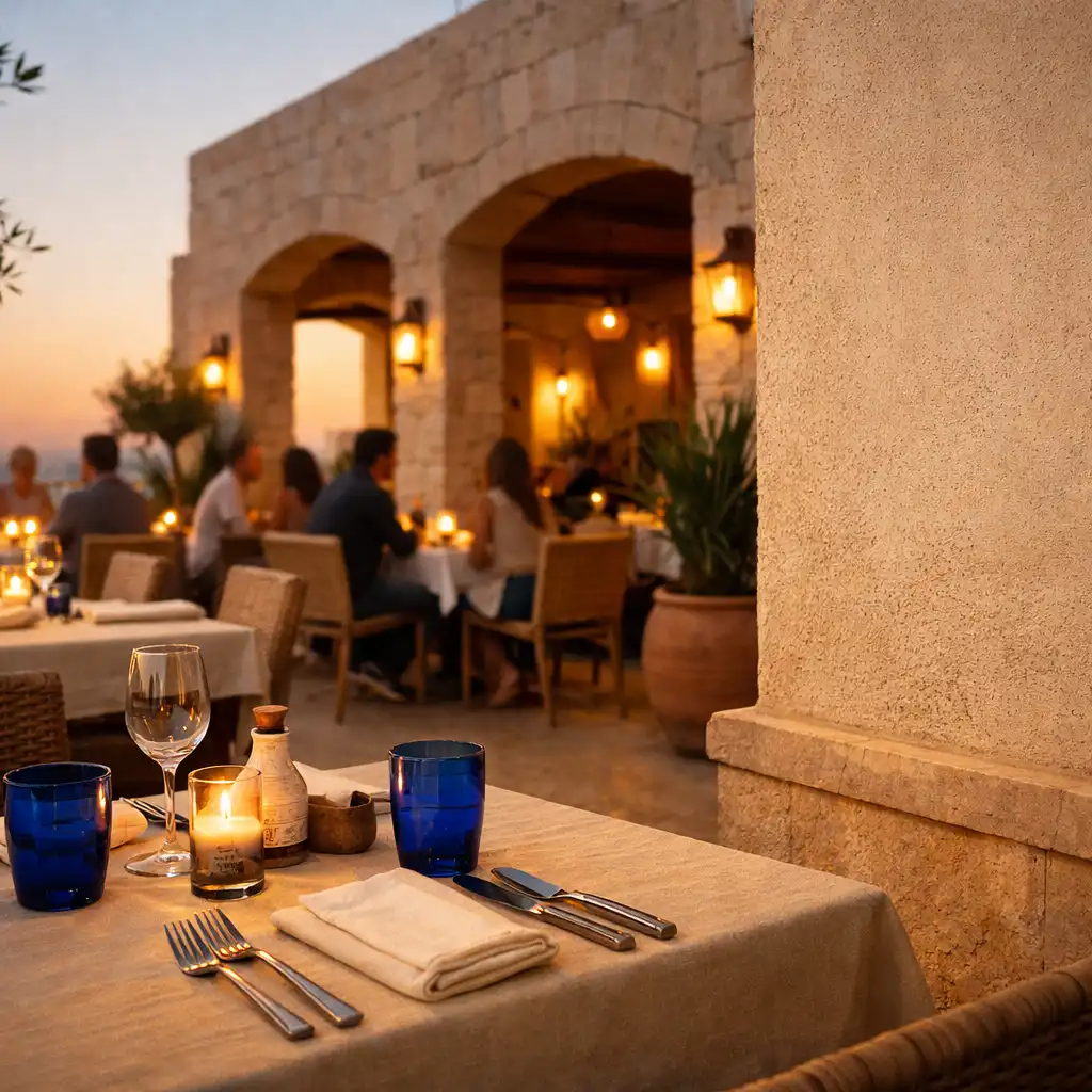 Terrasse de restaurant en début de soirée avec tables dressées, murs clairs et silhouettes conversant au loin