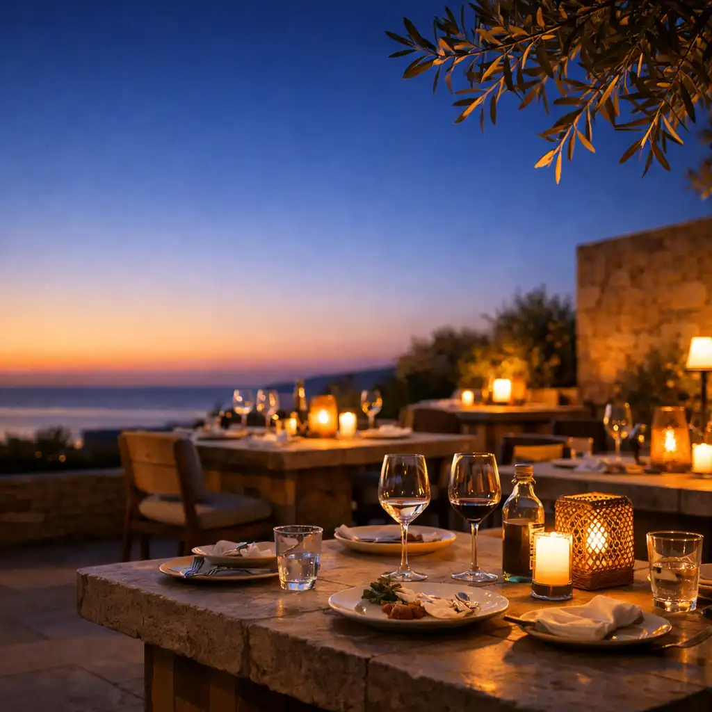 Terrasse de restaurant au coucher du soleil avec tables et lampes allumées
