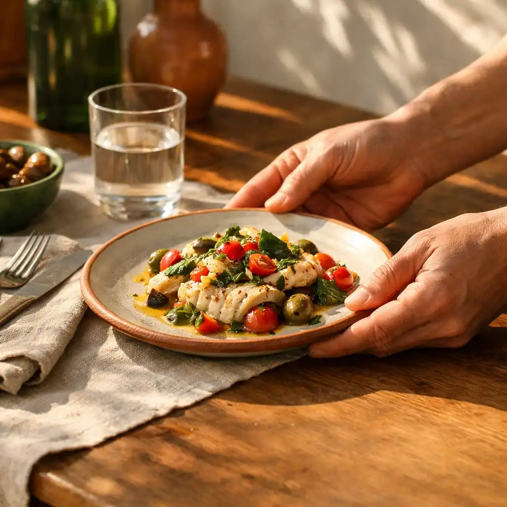 Mains déposant une assiette sur une table avec céramique, linge et verre