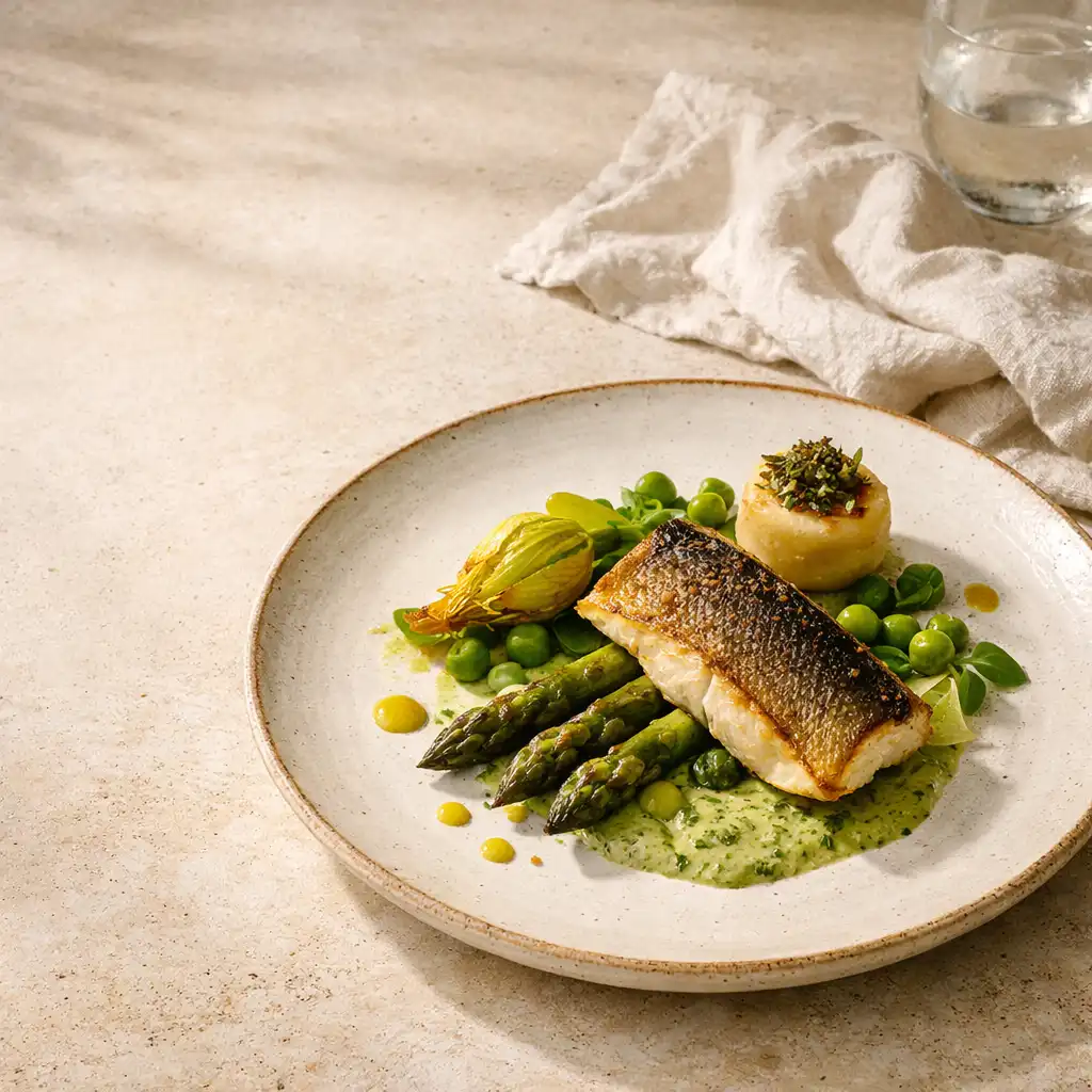 Assiette de cuisine contemporaine sur une table en pierre claire avec linge de lin
