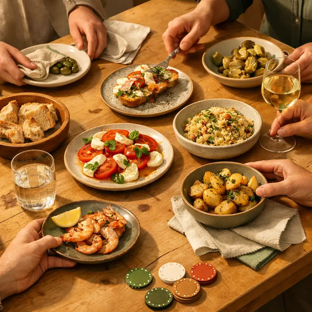 Mains partageant de petites assiettes autour d’une table avec des jetons discrets