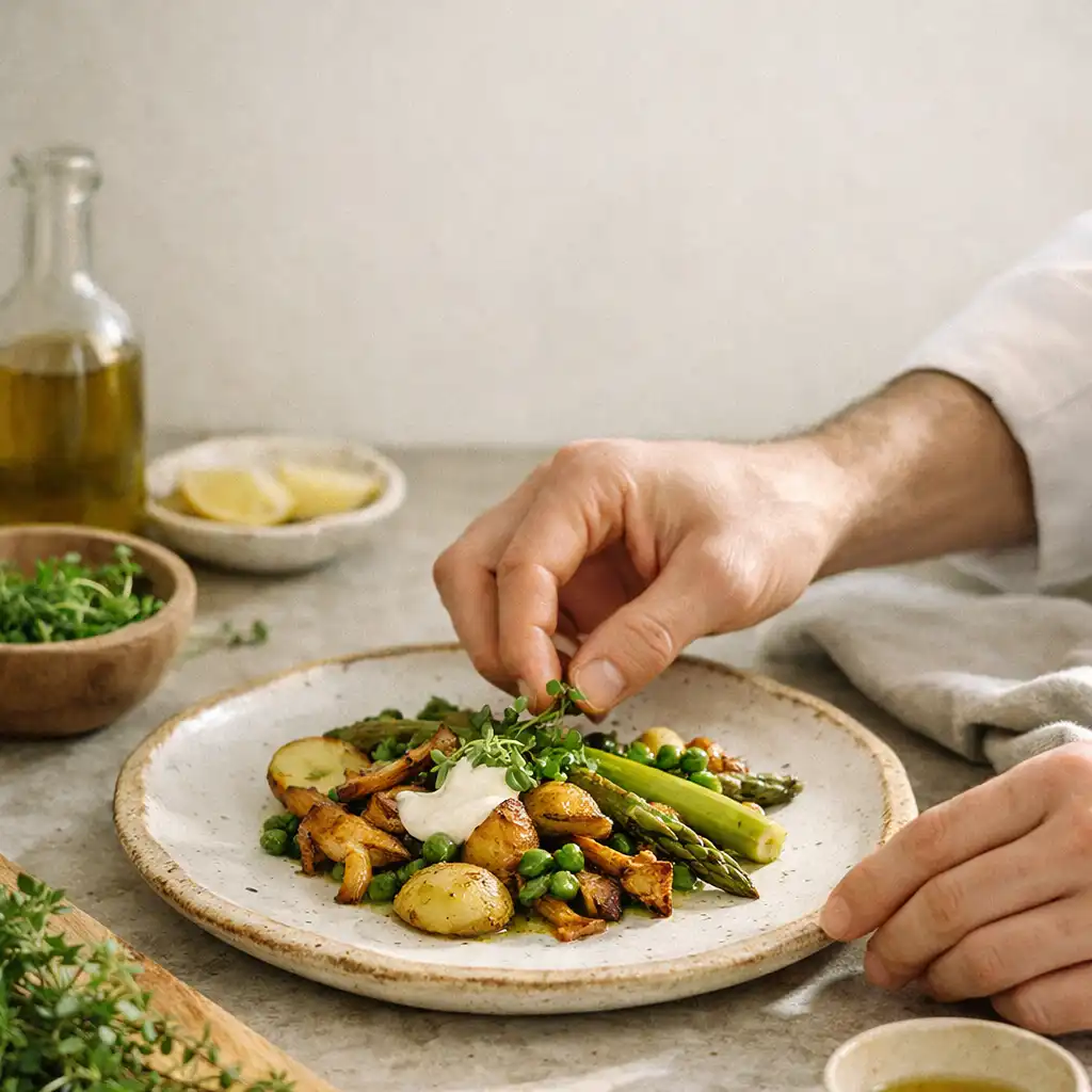 Mains d'un chef dressant une assiette sur une céramique artisanale