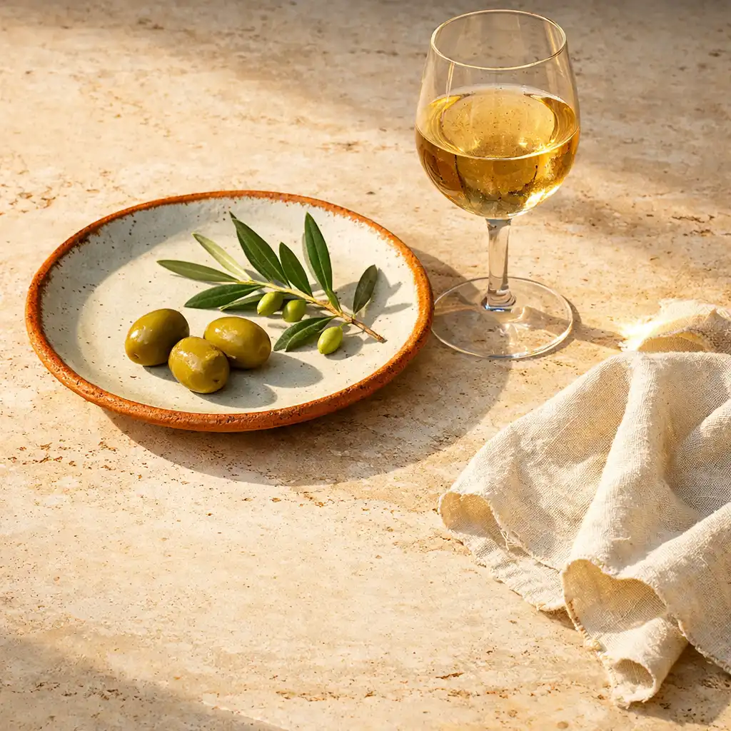 Verre de vin et assiette en céramique artisanale sur pierre claire