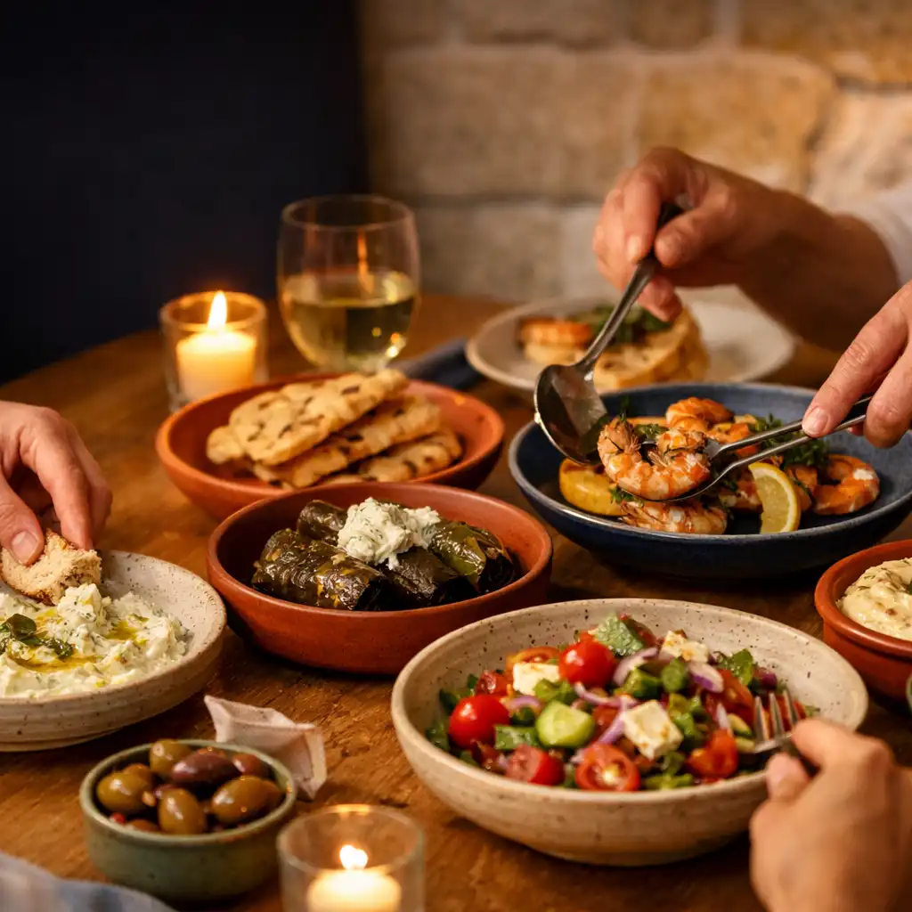Convives réunis autour d'une longue table pour un dîner chaleureux
