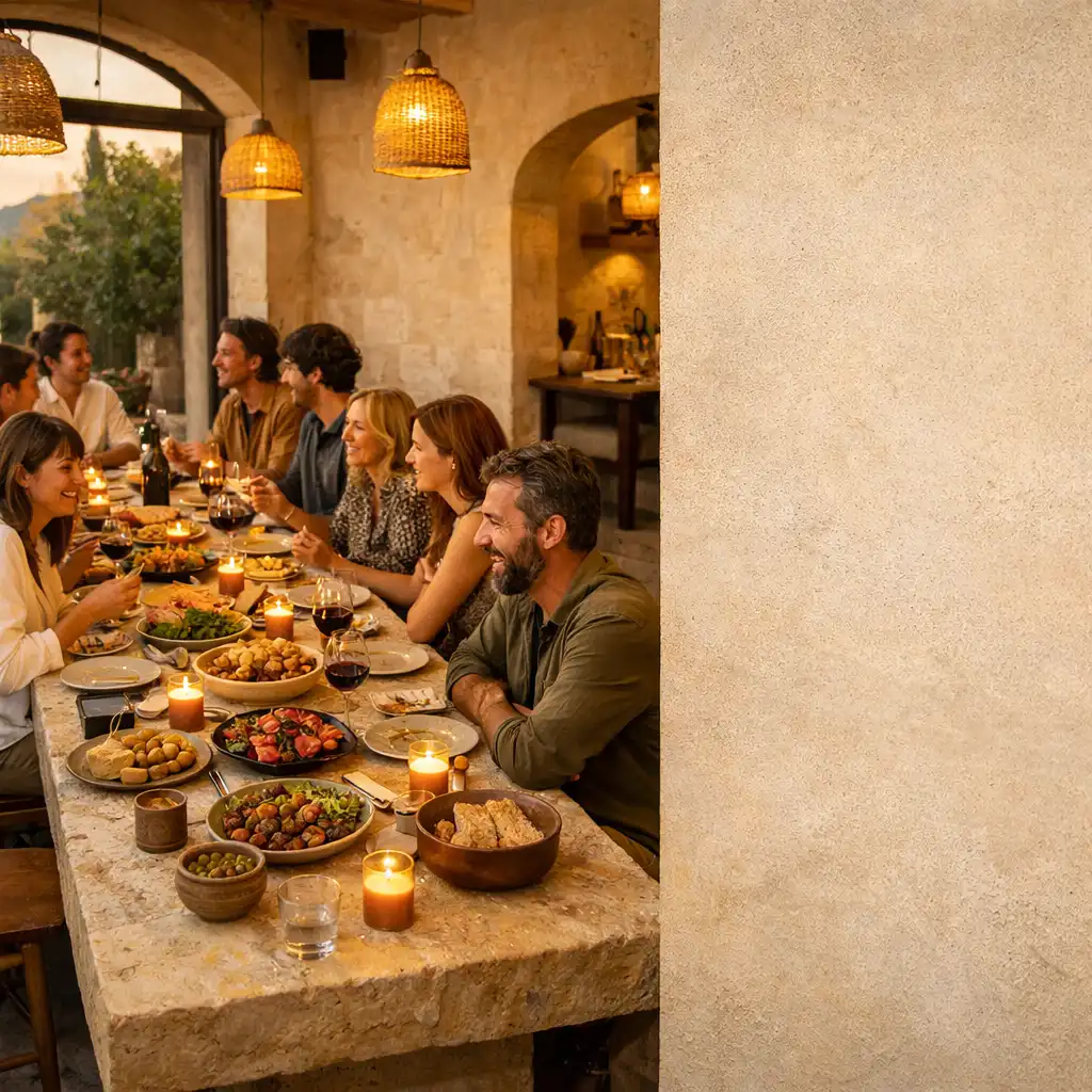 Service du soir autour d'une grande table dans un restaurant chaleureux