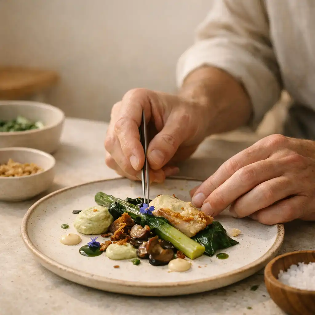 Mains adultes finalisant une assiette en céramique sur un plan de travail en pierre claire.