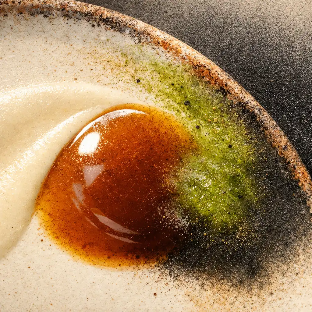 Vue rapprochée d’une assiette en céramique et de textures culinaires éclairées par une lumière de fin de journée.