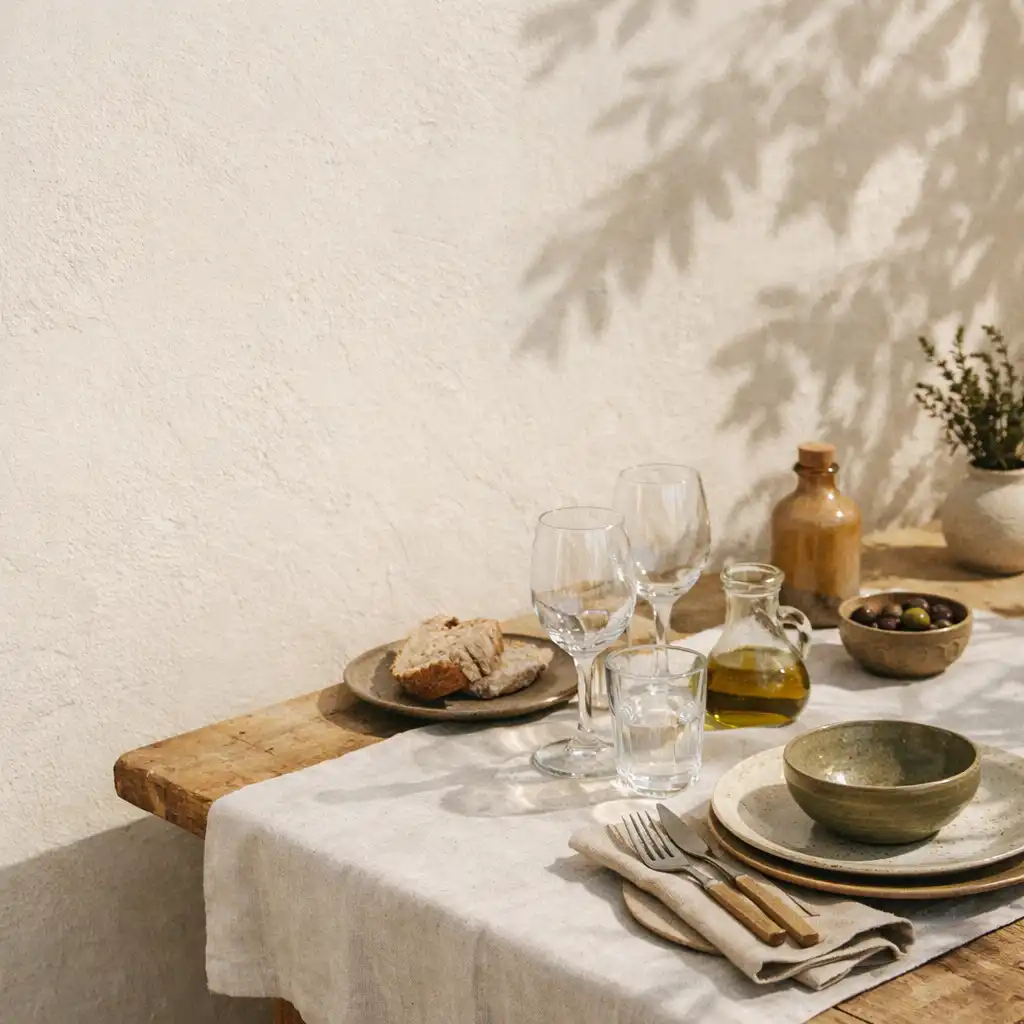 Table dressée près d’un mur de plâtre ivoire, avec céramique, linge naturel, verres et ombres de feuillage.