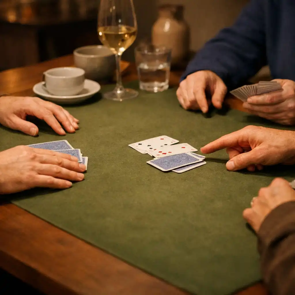 Mains adultes réunies autour d’une table avec tapis de jeu vert olive discret, céramique et verres sous une lumière chaude.