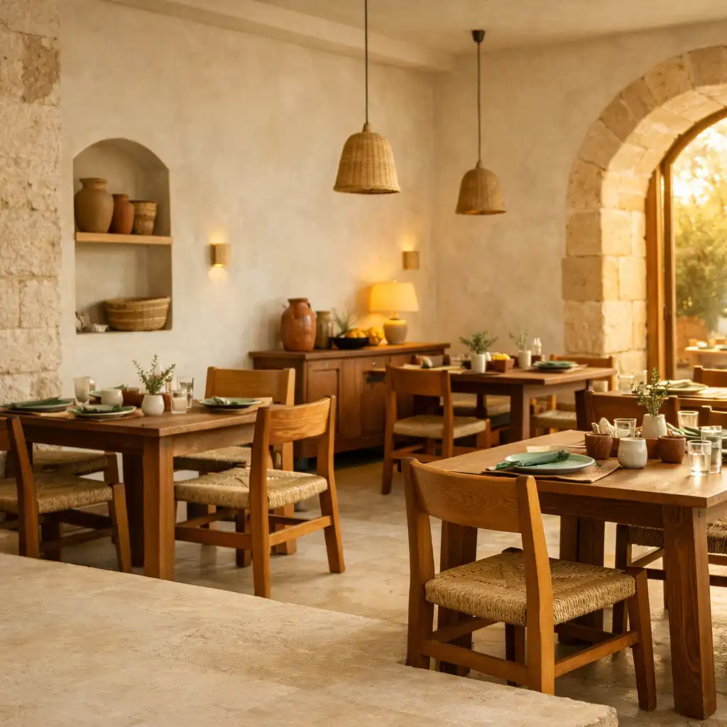 Salle de restaurant aux murs clairs, mobilier en bois, tables sobres et lumière dorée entrant par une ouverture architecturale.