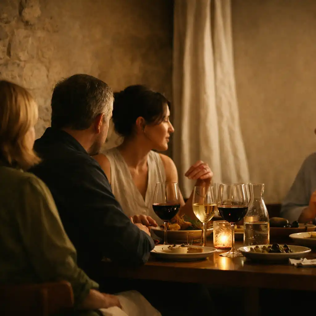 Petit groupe d’adultes vu de dos ou de profil, attablé autour de verres et d’assiettes dans une lumière de début de soirée.