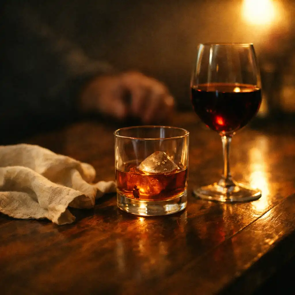 Deux verres aux reflets chauds, serviette en lin et main floue au second plan sur une table de bois.