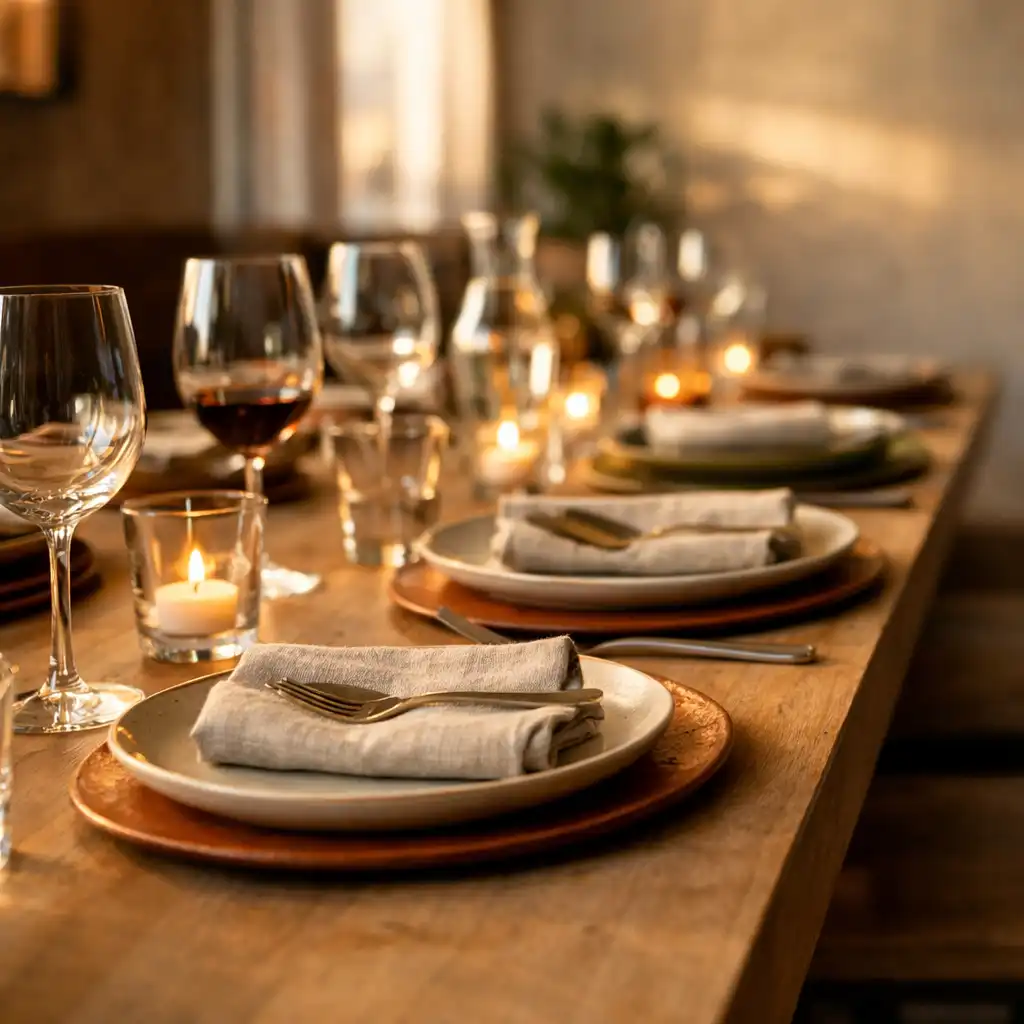 Longue table en bois clair prête pour le soir, avec céramiques mates, verres, serviettes en lin et lumière chaude.