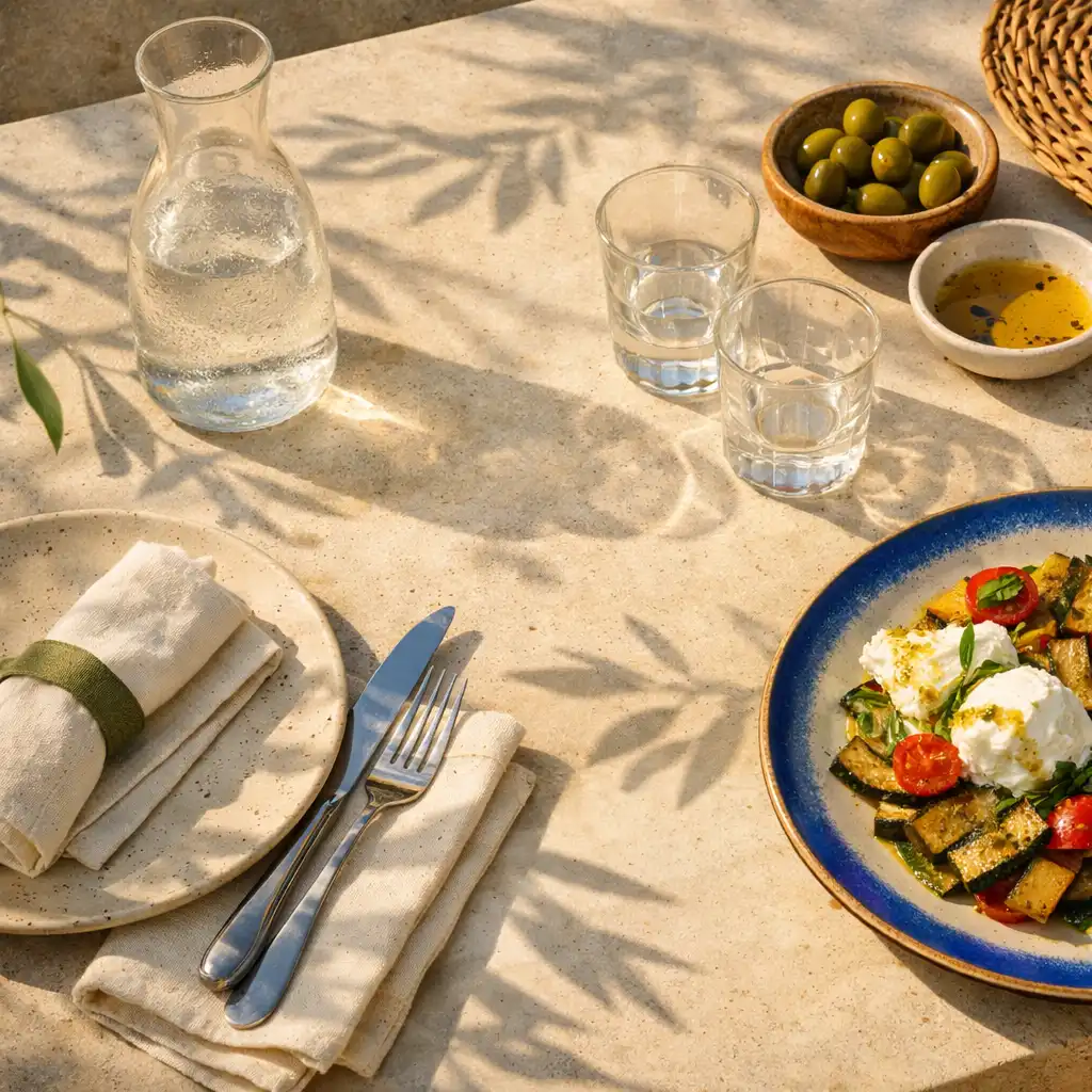 Table dressée au soleil avec céramiques, verres et ombres d'olivier