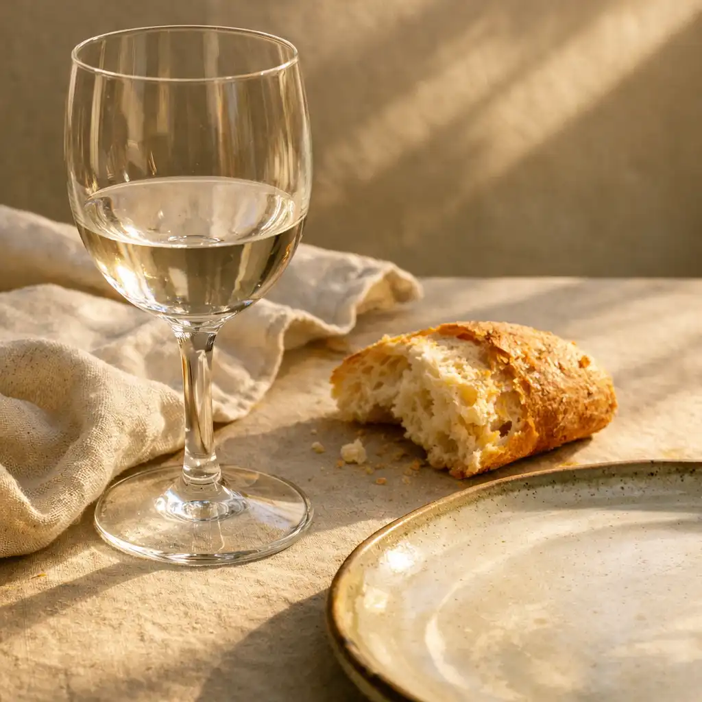 Verre à pied, serviette en lin froissée, pain et assiette en céramique sur une table ensoleillée.