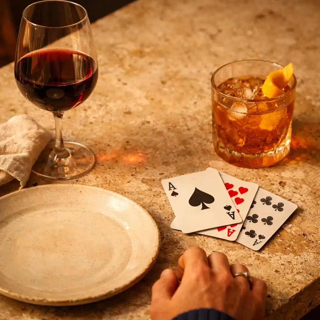 Cartes discrètes posées près d'un cocktail et d'une assiette