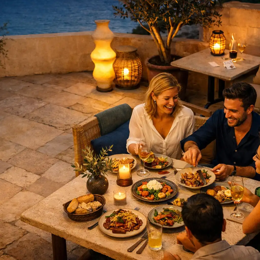 Terrasse lumineuse avec amis autour d'une table en pierre pour un dîner