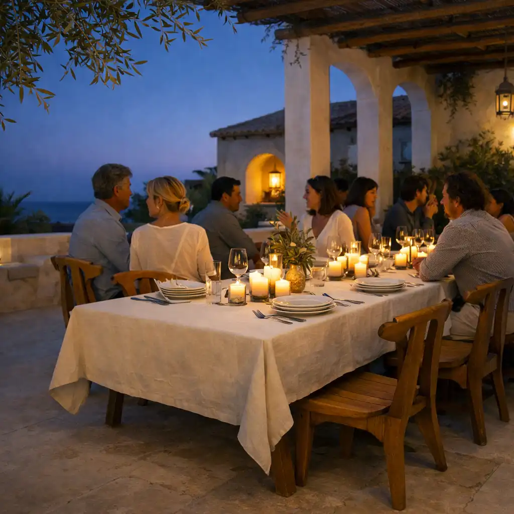 Terrasse de restaurant au crépuscule avec table dressée, verres et convives en conversation