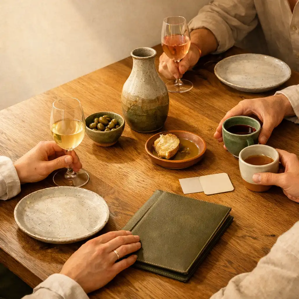 Mains de convives autour d’une table dressée avec céramiques, verres et carafe