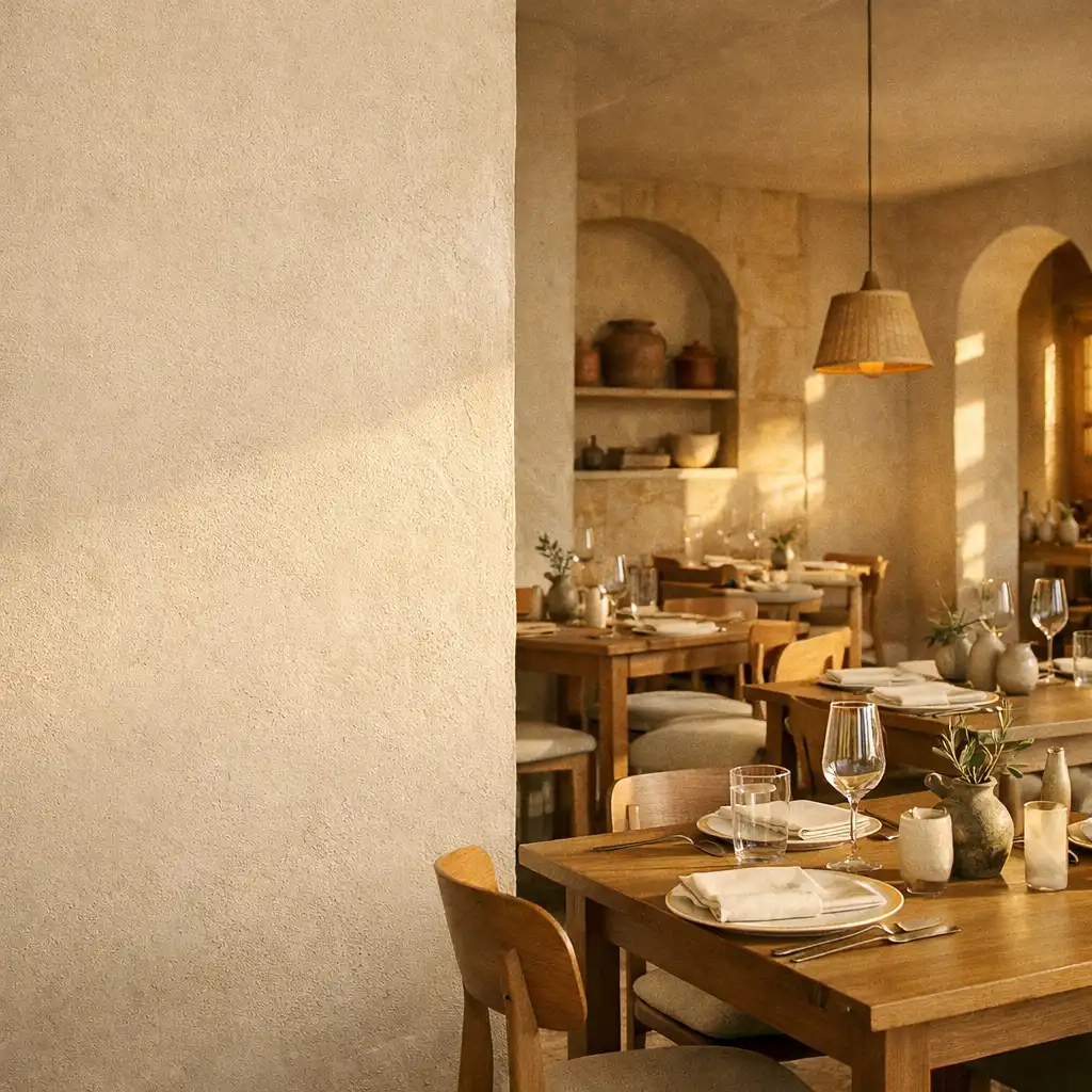 Salle lumineuse de Comptoir Serein avec tables en bois clair, céramiques et murs de plâtre chaud