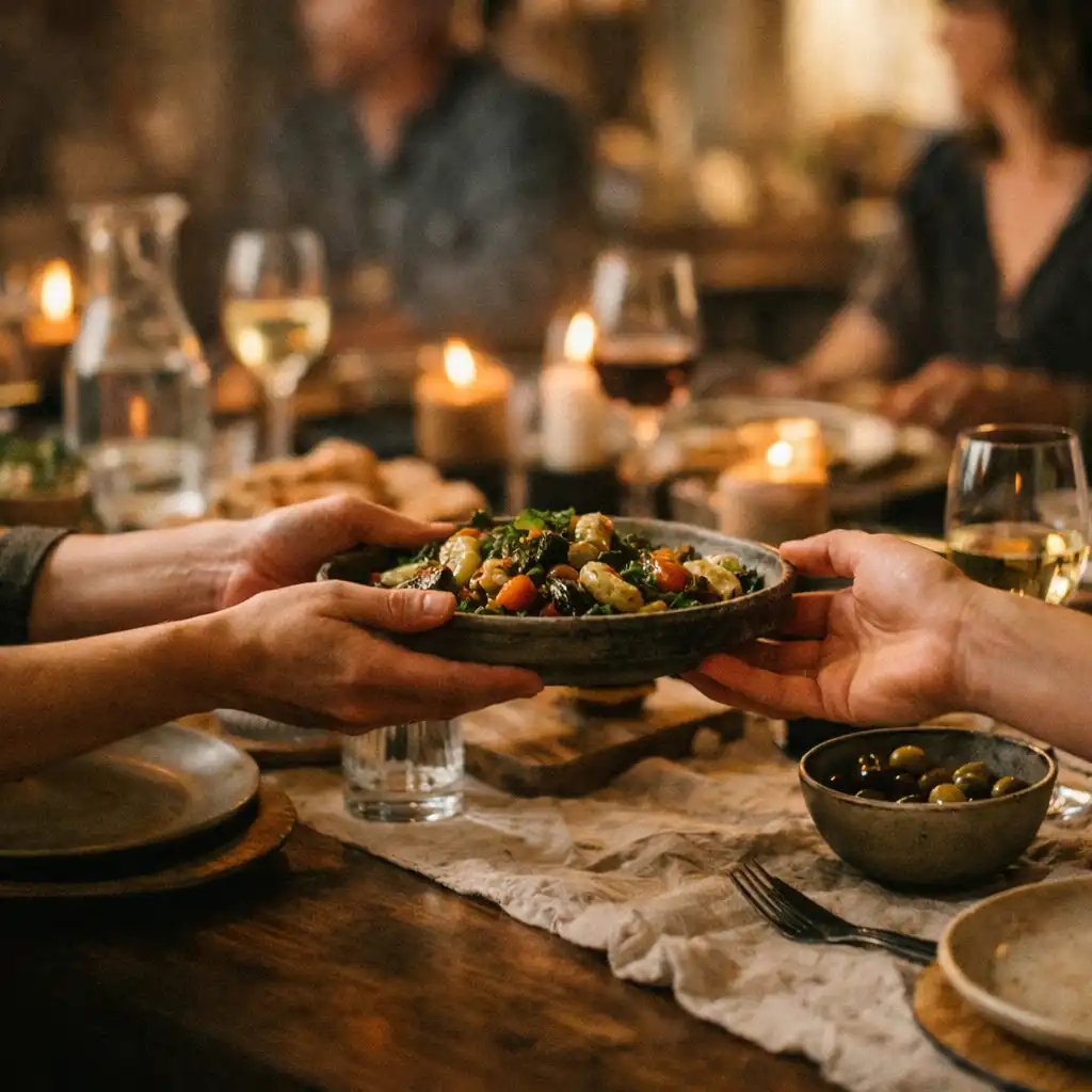 Mains anonymes partageant un plat autour d’une table de restaurant éclairée en début de soirée