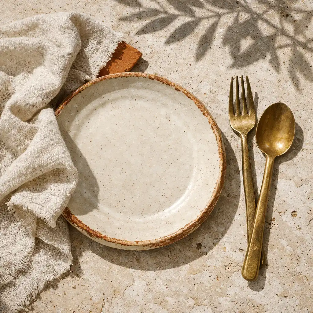 Nature morte de céramique crème, lin écru, couvert en laiton et ombre de branche sur pierre claire