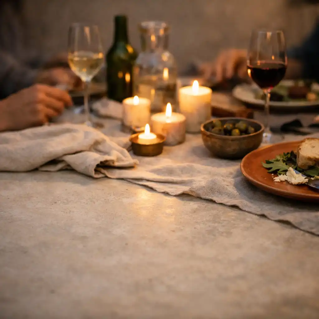 Table de dîner en céramique et lin éclairée par une lumière chaude de début de soirée