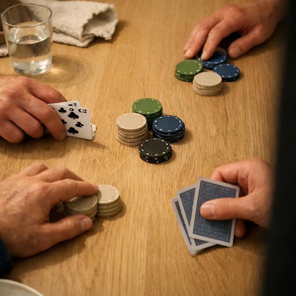 Mains adultes autour d’une table en chêne clair avec cartes et jetons sobres en céramique