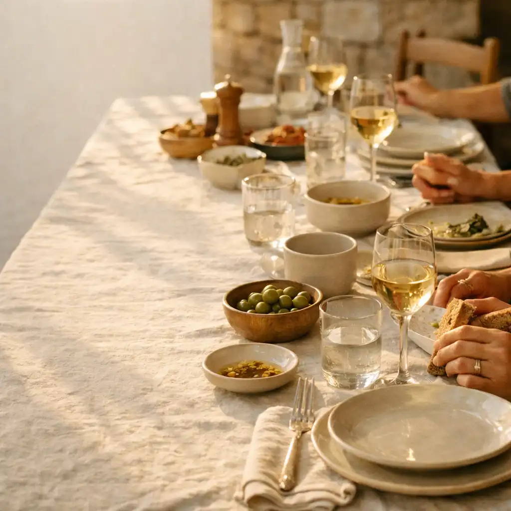 Table dressée au soleil de fin d’après-midi avec céramiques, verres et mains de convives