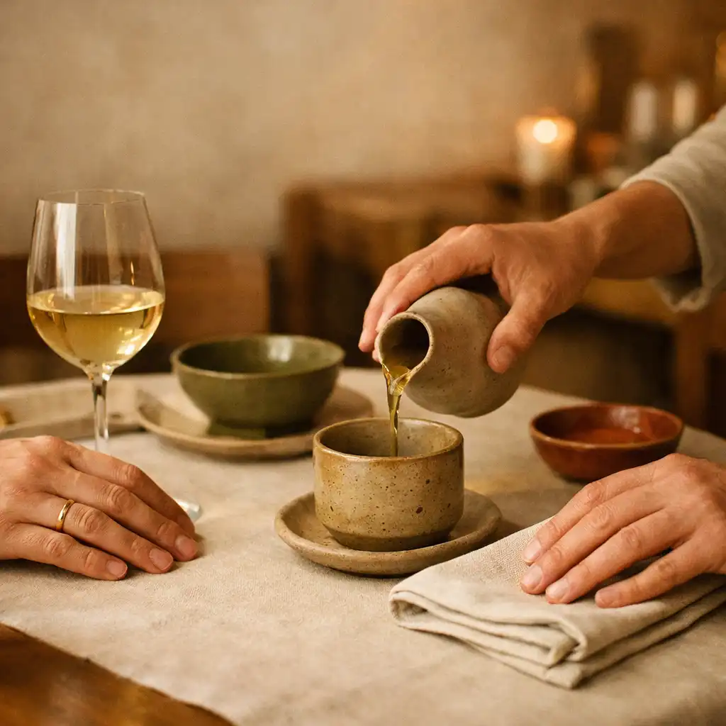 Mains servant une boisson et ajustant une serviette autour d’une table de restaurant